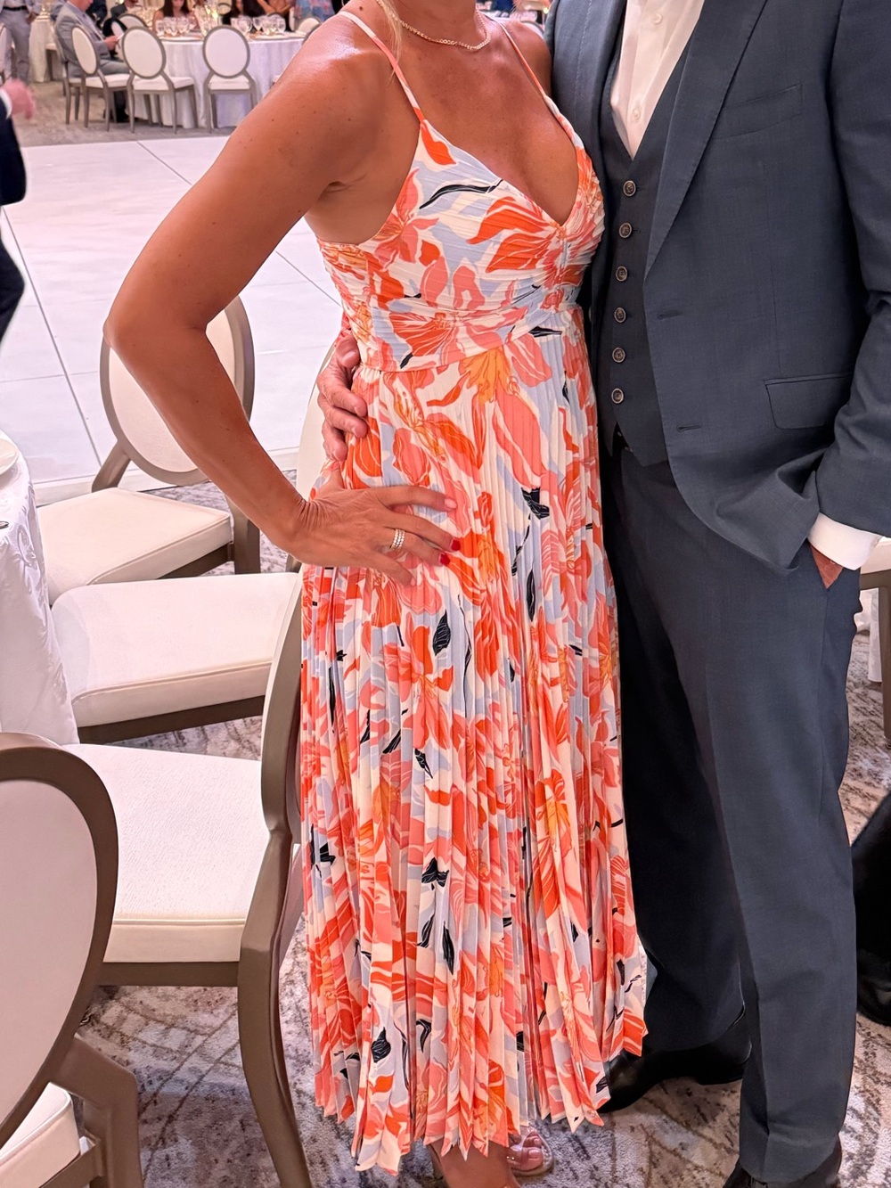 Astr Floral Pleated Spaghetti-Strap Midi Dress in Orange & White